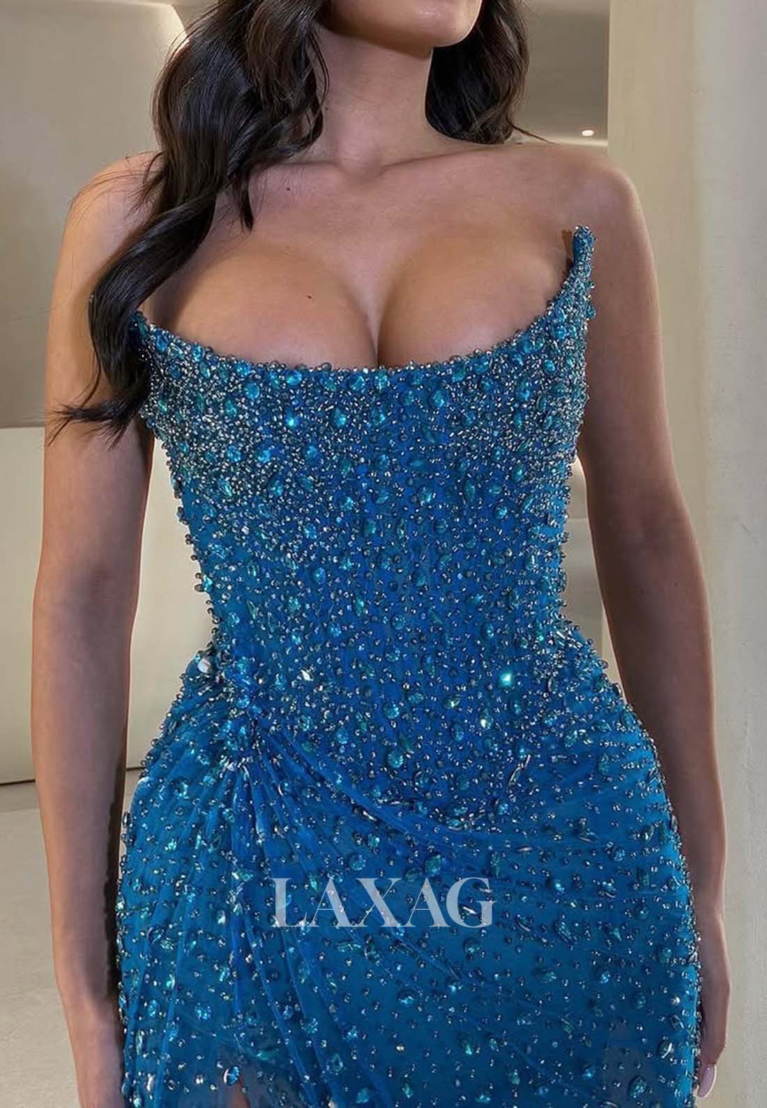 Scoop-Neck Off-Shoulder Sleeveless Fully Beaded Pleated High Slit Mermaid Prom Dress