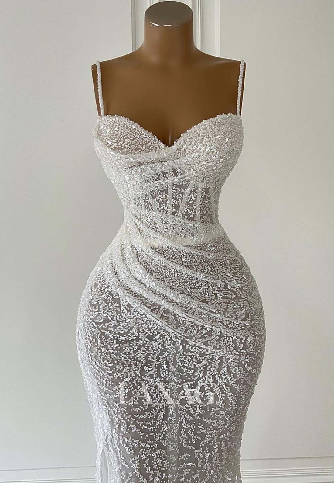 Spaghetti Straps Glitter illusion Mermaid Prom Dress Sweetheart Sleeveless Beaded Evening Dress