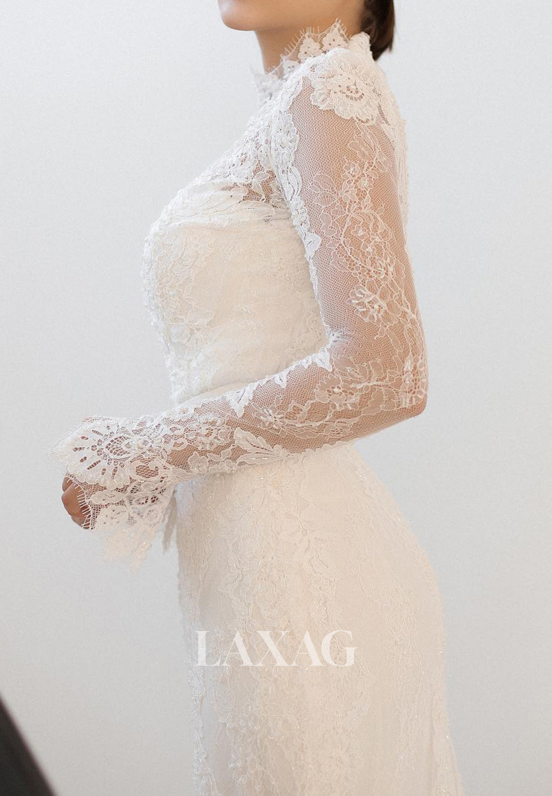 A-Line High-Neck Long-Sleeves Wedding Dress Allover Lace Applique Pleated Bride Gowns