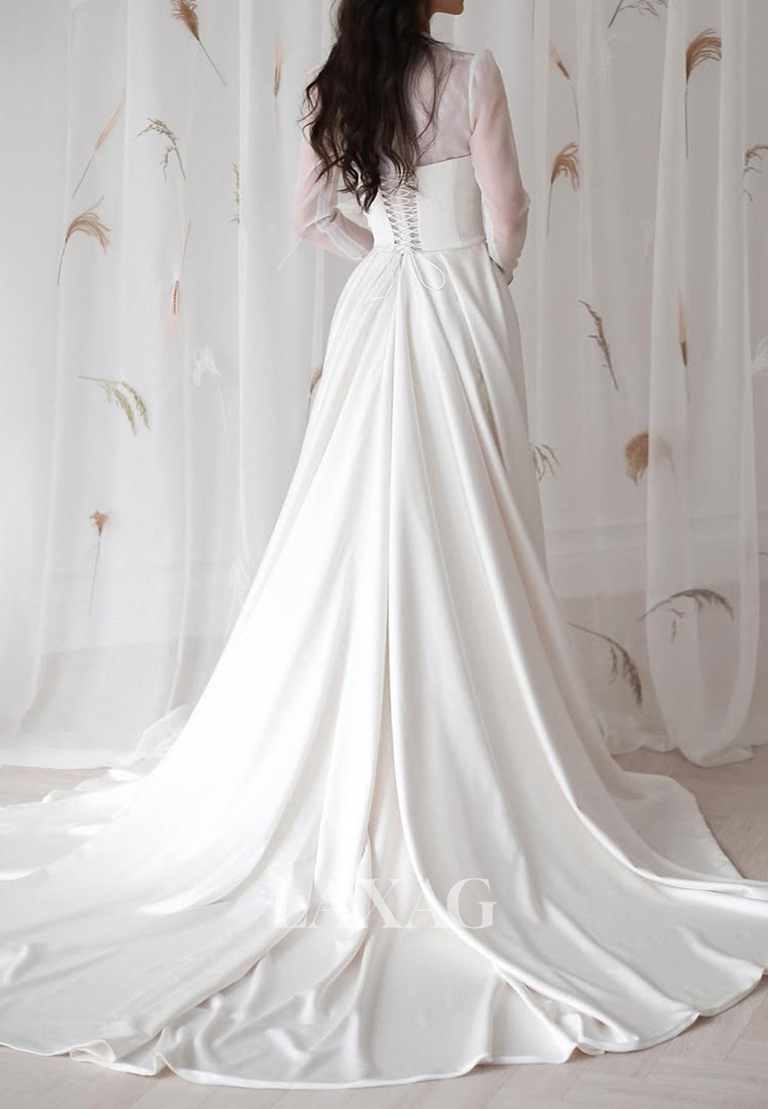 V-Neck Tulle-Long-Sleeves Pleated Bride Gowns Tube Top Sweep Train Mermaid Wedding Dress