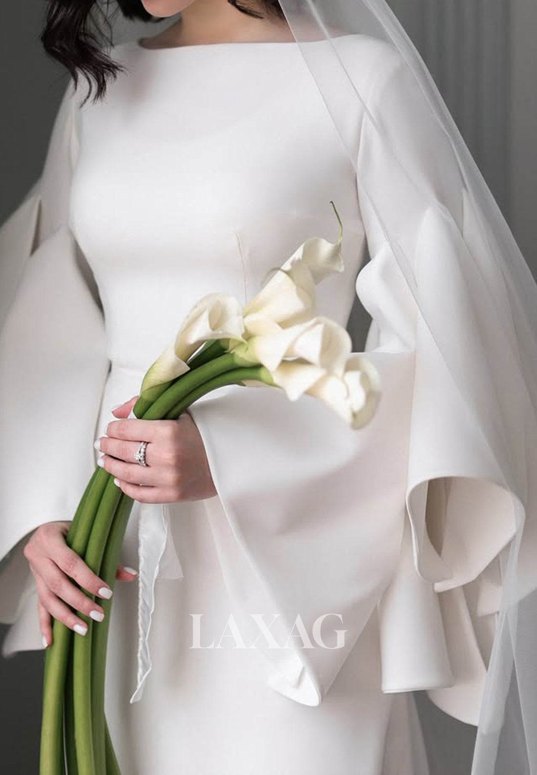 Scoop-Neck Long-Bell-Sleeves Mermaid Wedding Dress Satin Sweep Train Bride Gowns