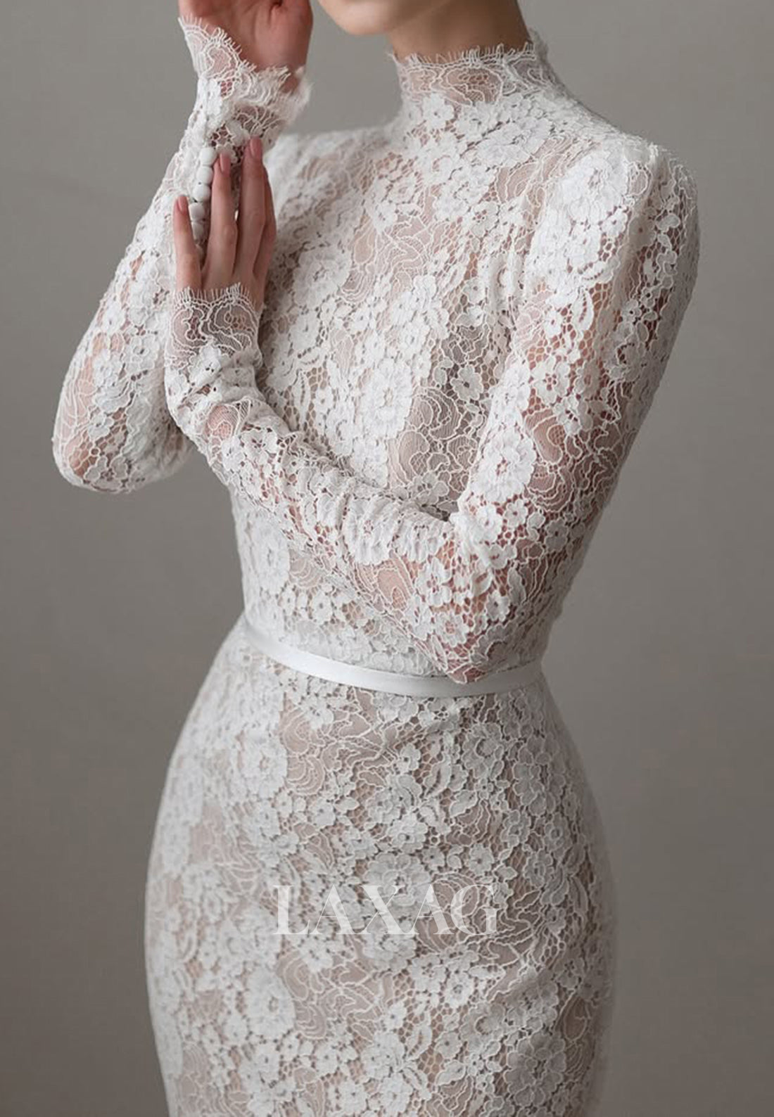 Allover Lace Applique Sheer Bride Gowns High-Neck Long-Sleeves Mermaid Wedding Dress with Train