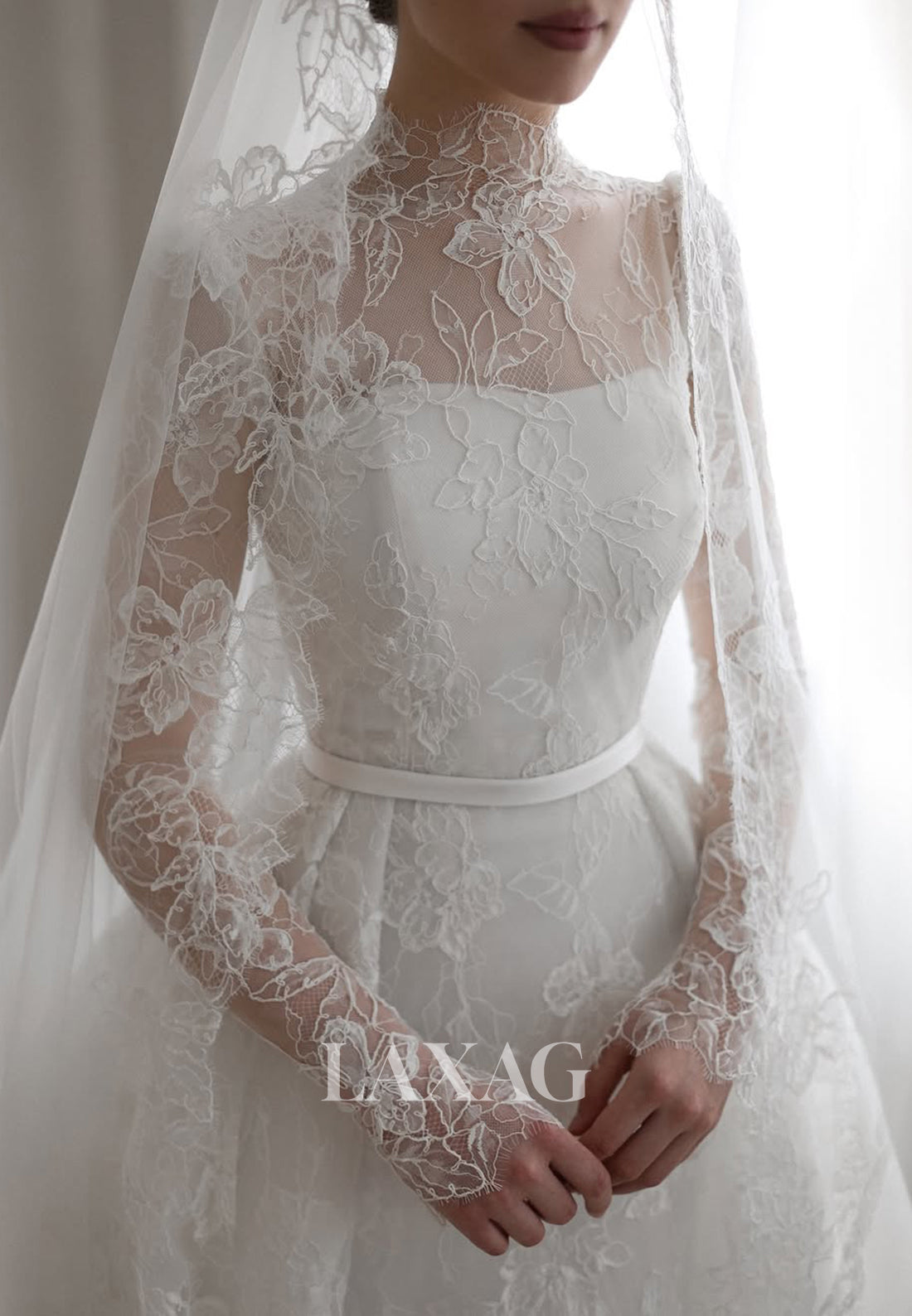 A-Line Allover Lace Bride Gowns High-Neck Long-Sleeves Sheer Pleated Wedding Dress with Train