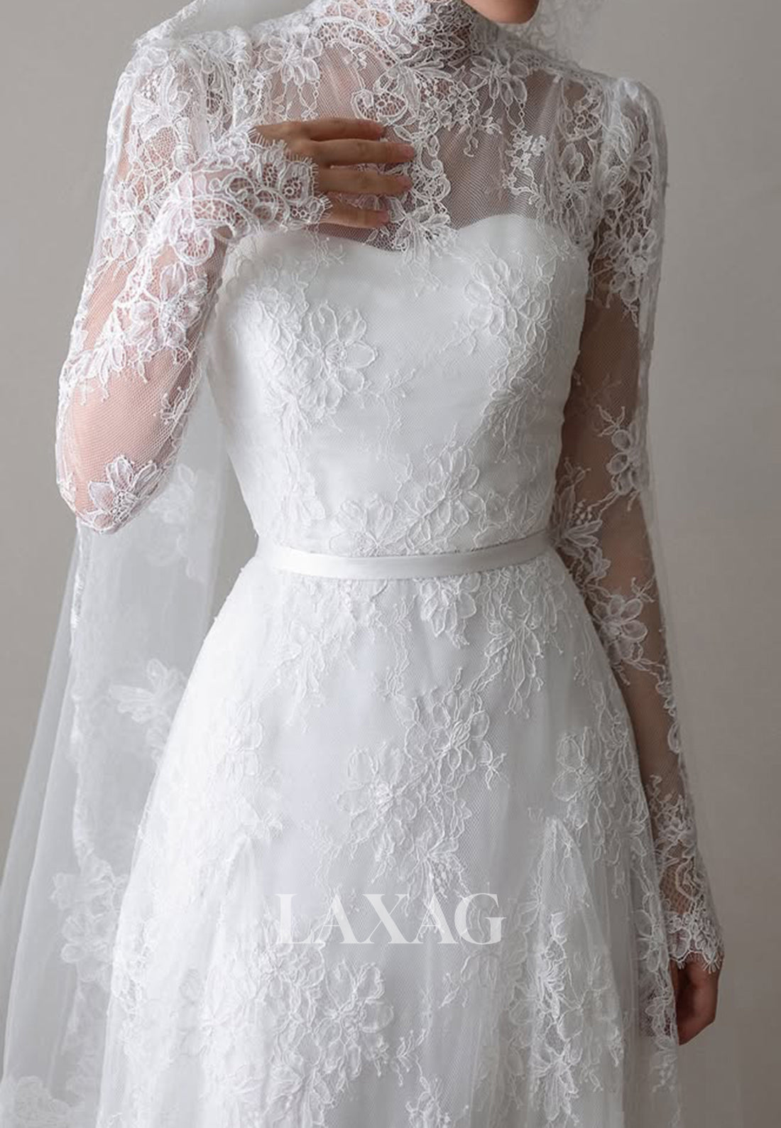 High-Neck Allover Lace Bride Gowns Long-Sleeves Sheer Pleated A-Line Wedding Dress with Train
