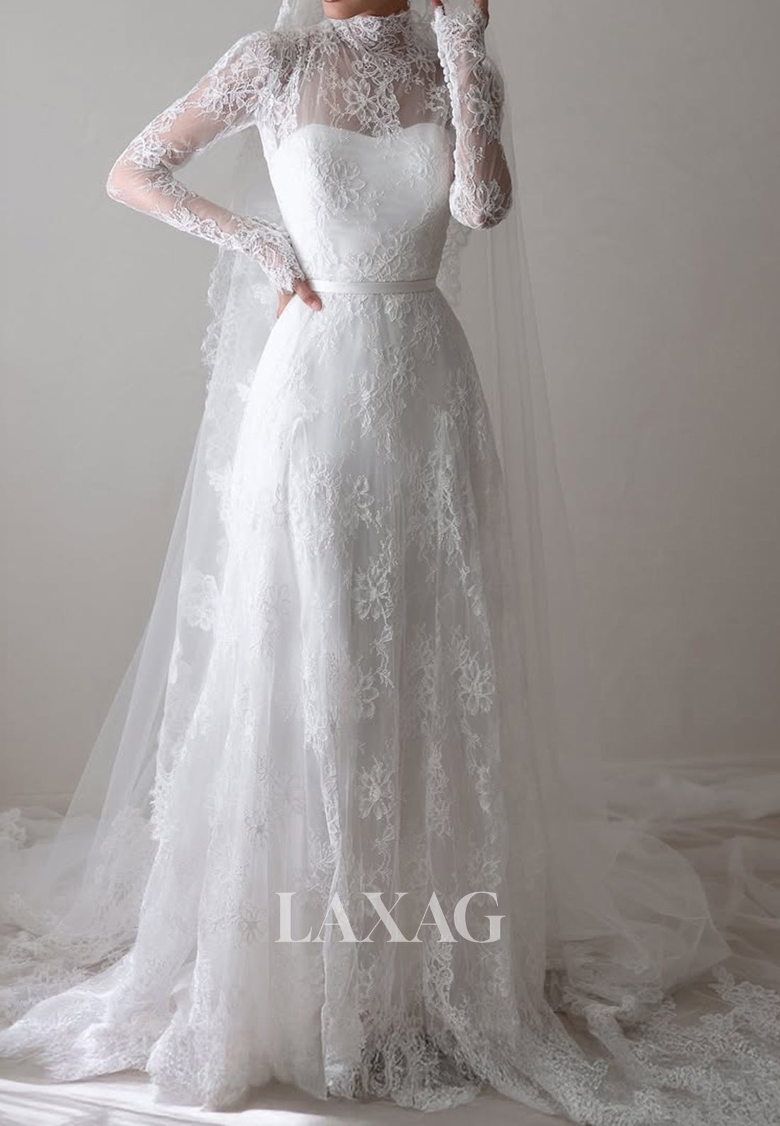 High-Neck Allover Lace Bride Gowns Long-Sleeves Sheer Pleated A-Line W Laxag High-Neck Allover Lace Bride Gowns Long-Sleeves Sheer Pleated A-Line W Laxag