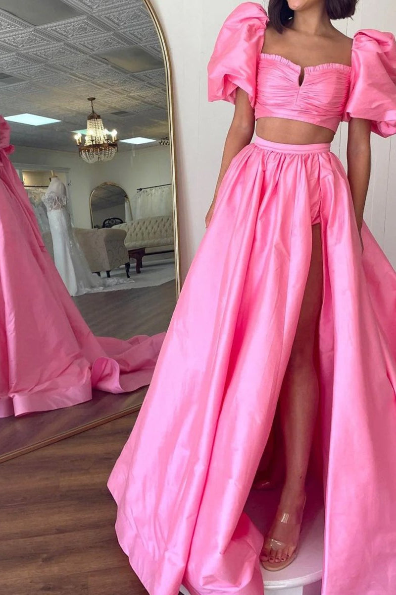 Two-Piece Sweetheart Puff-Sleeves Pleated Satin Long A-Line Prom Dress with Slit