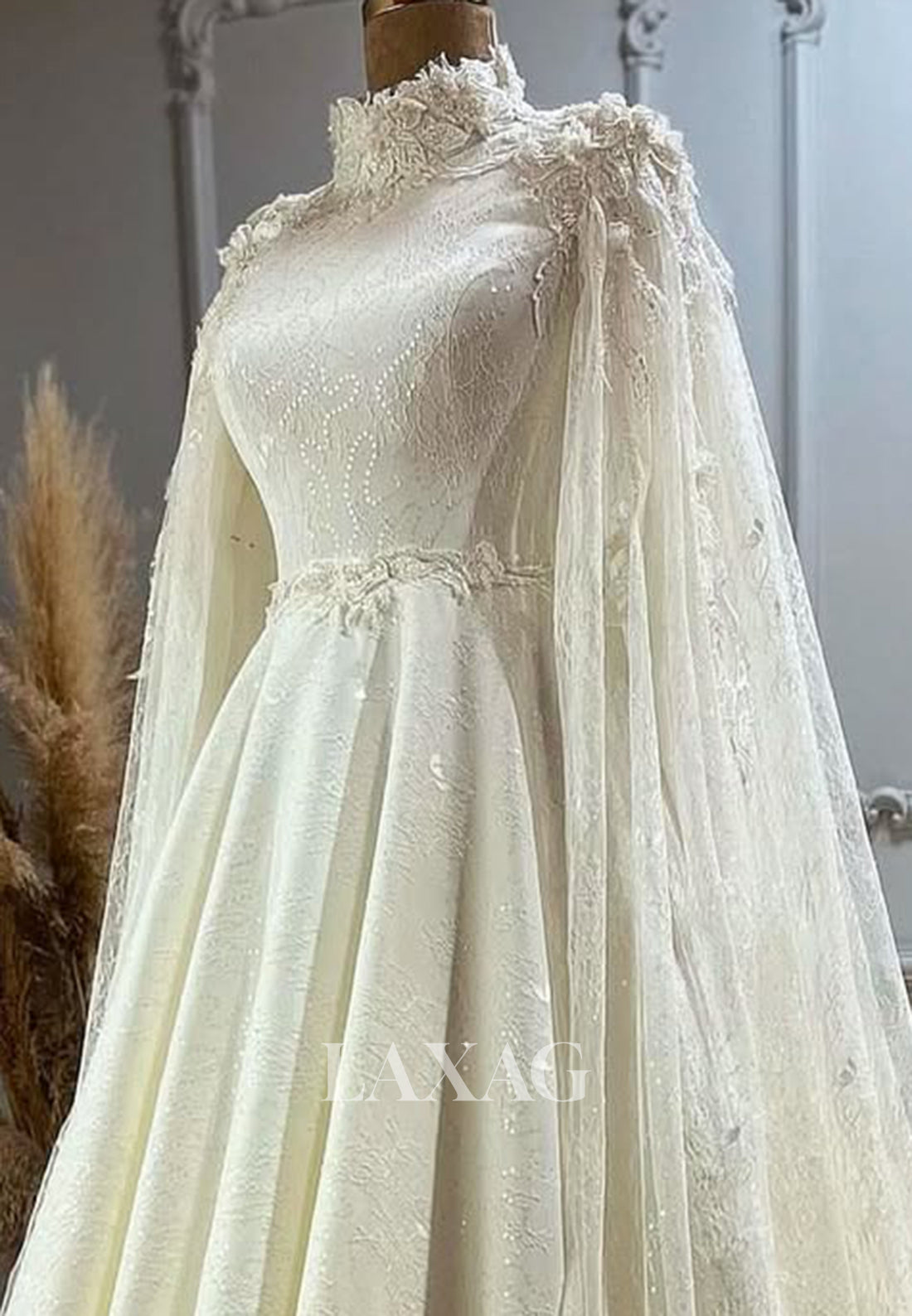 Allover Lace Applique Bride Gowns High-Neck Sleeveless A-Line Wedding Dress with Overlay