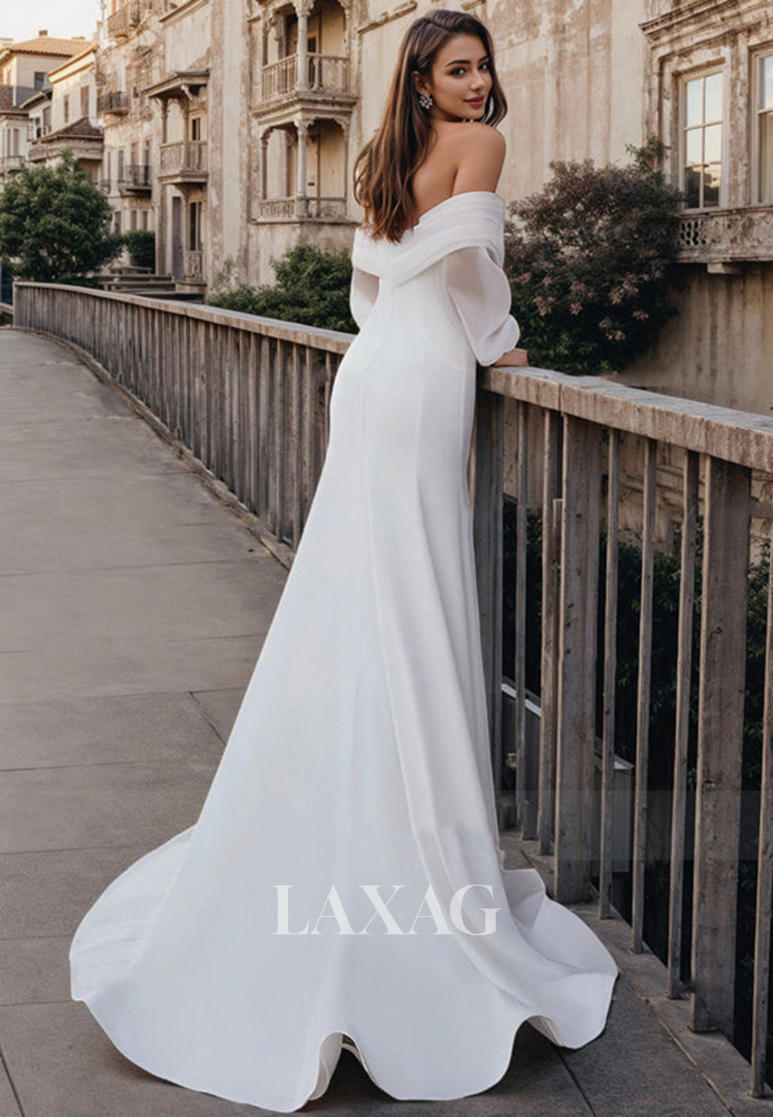 V-Neck Half-Sleeves Mermaid Wedding Dress Off-Shoulder Pleated Chiffon Bride Gowns with Train