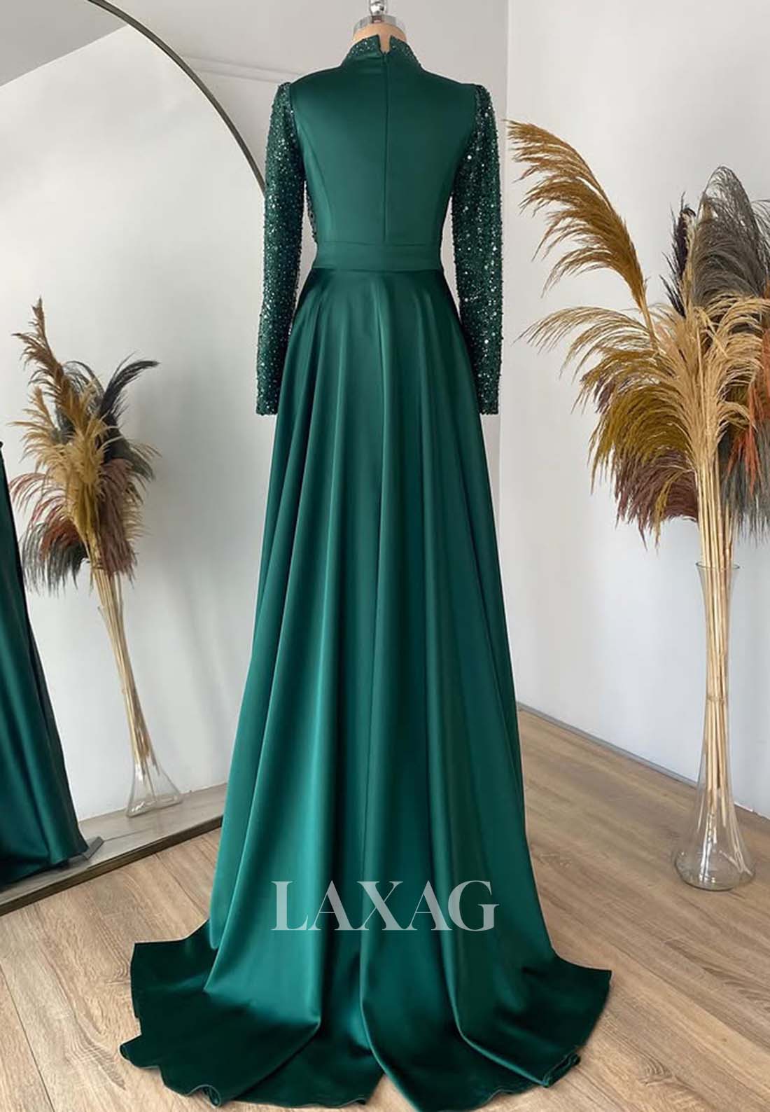 High-Neck Long-Sleeves Sequined Beaded Pleated Satin Fitted Evening Dress with Sweep Train