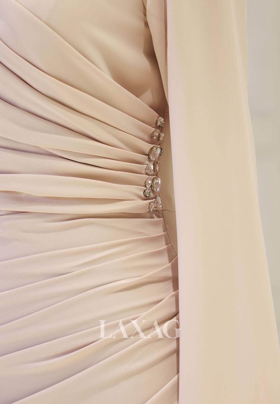 Long-Sleeves Satin Cocktail Gowns Beaded-High-Neck Pleated Fitted Mother of the Bride Dress