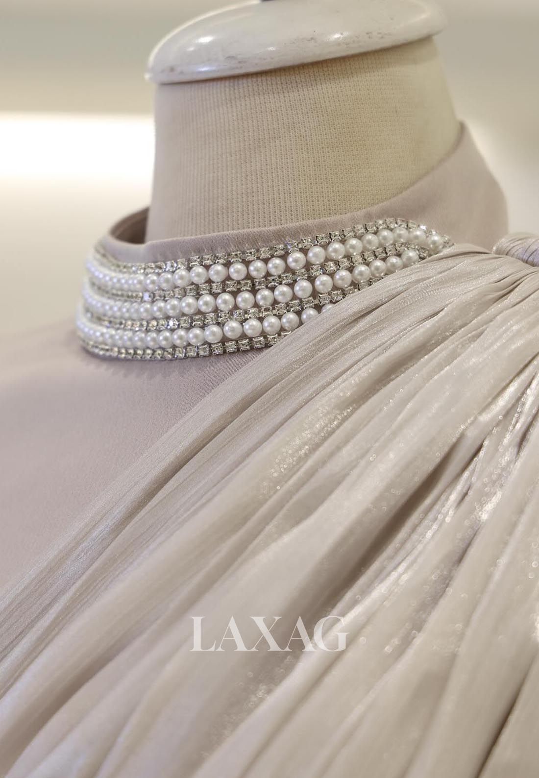 Beaded-High-Neck Pleated Fitted Mother of the Bride Dress Long-Sleeves Satin Cocktail Gowns