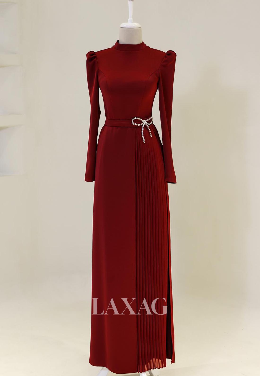 High-Neck Long-Sleeves Satin Cocktail Gowns Pleated Fitted Mother of t Laxag High-Neck Long-Sleeves Satin Cocktail Gowns Pleated Fitted Mother of t Laxag