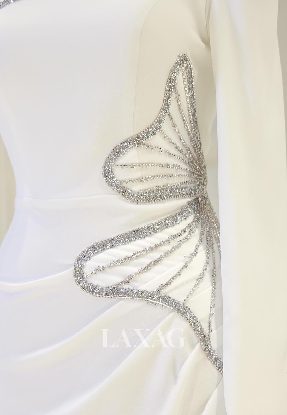 High-Neck Long-Sleeves Mermaid Mother of the Bride Dress Beaded Pleated Floor-Length Cocktail Gowns