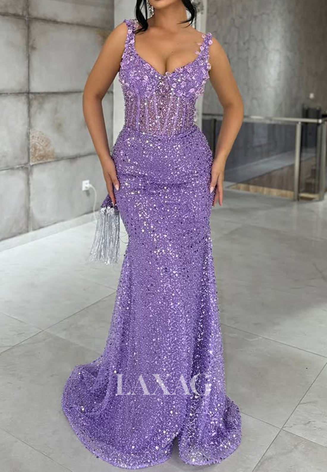 V-Neck Spaghetti Straps Off-Shoulder Mermaid Prom Dress Sleeveless Fully Sequined Beaded Party Gowns