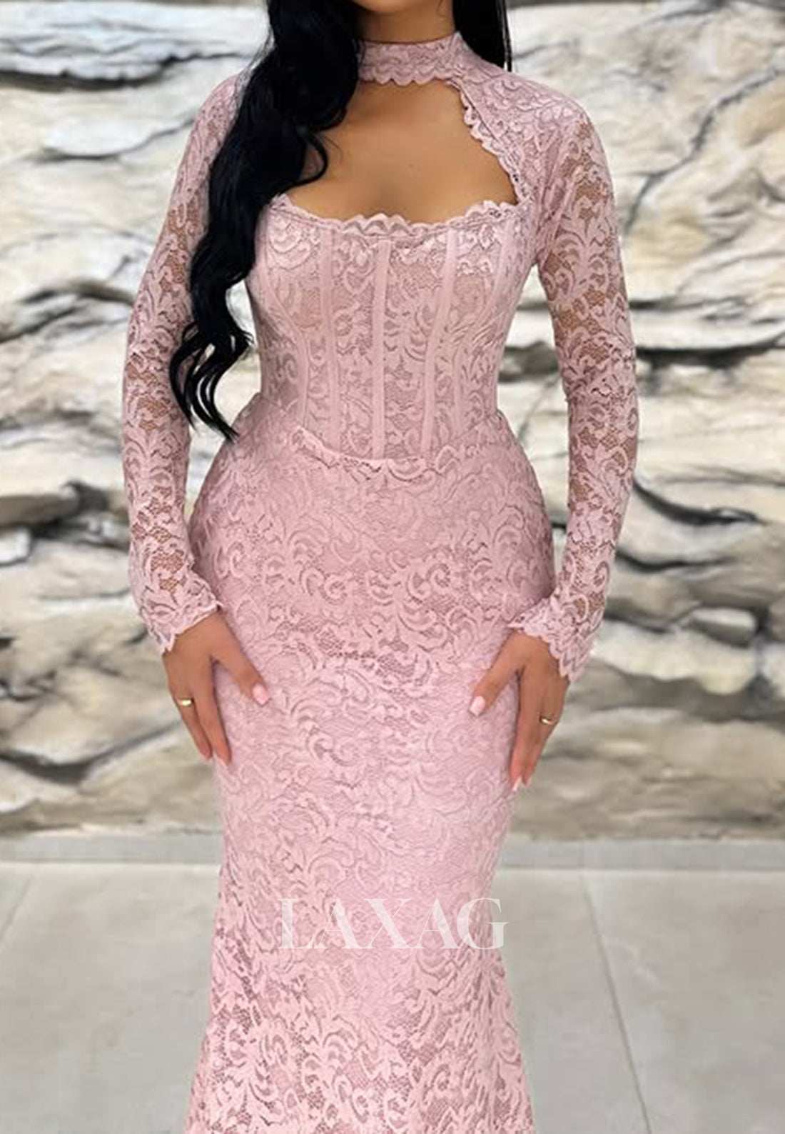 Long Sleeves High-Neck Cutout Pleated Allover Lace Floor-Length Mermaid Formal Prom Dress