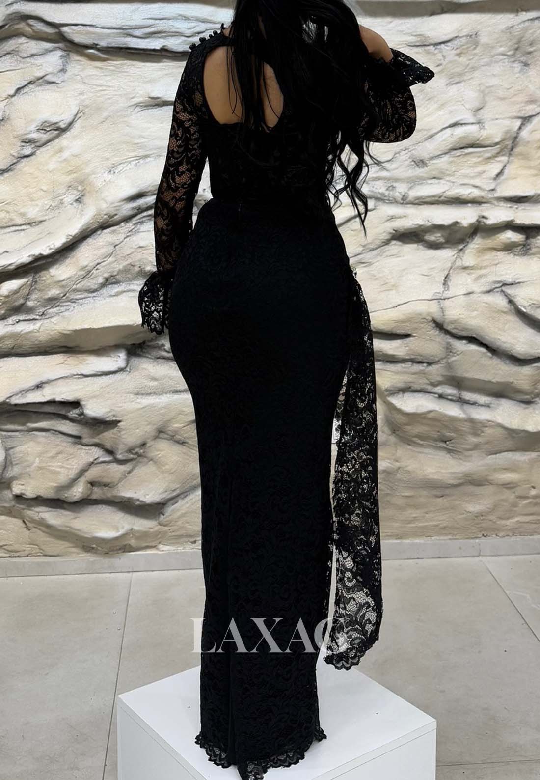 Sweetheart Long-Sleeves Pleated Mermaid Prom Dress Allover Lace Beaded Floor-Length Formal Gowns