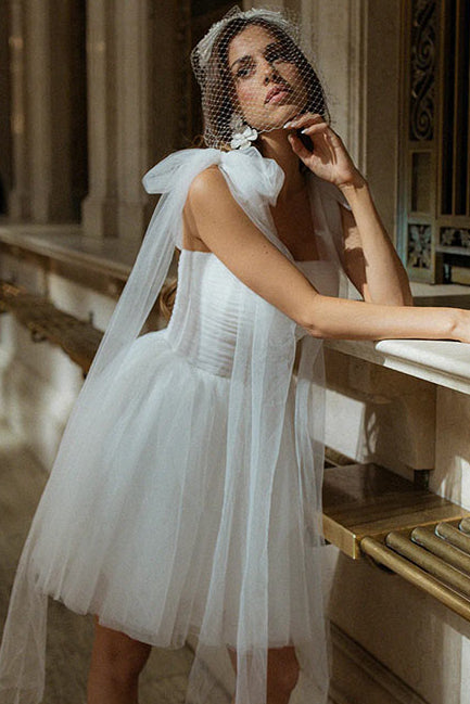 Tube Top Bows-Straps Sleeveless Tulle Pleated Short A-Line Boho Wedding Dress