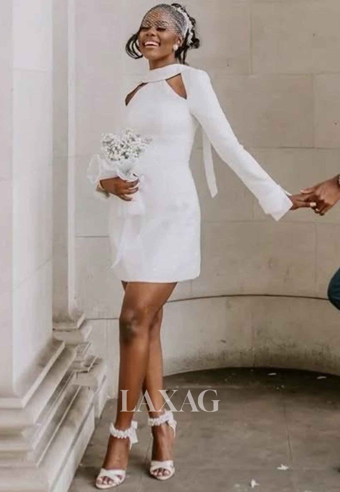 High-Neck Long-Sleeves Short Mermaid Wedding Dress Cutout Satin Boho B – Laxag