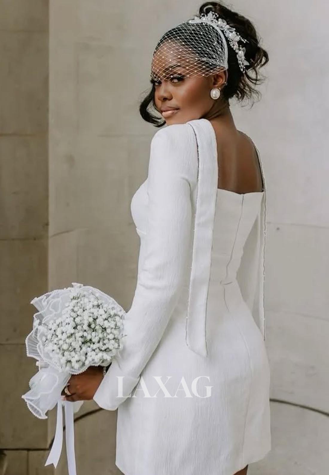 High-Neck Long-Sleeves Short Mermaid Wedding Dress Cutout Satin Boho Beach Bride Gowns