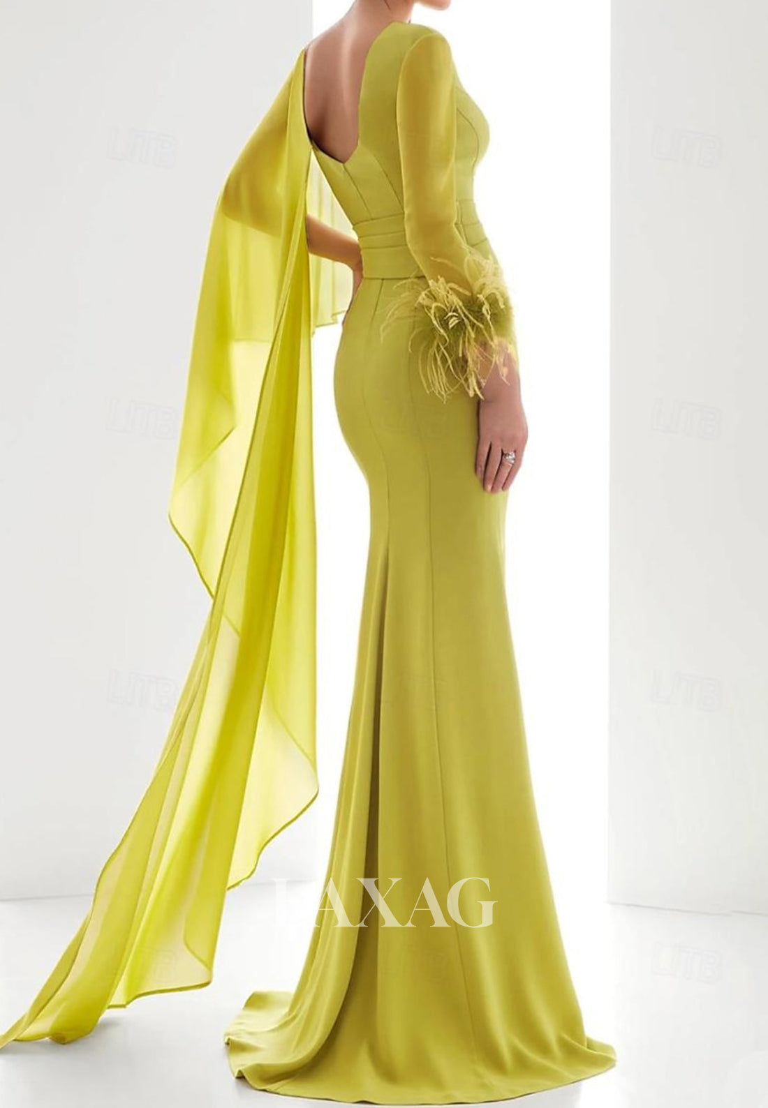 فستان زفاف حورية البحر بأكمام طويلة وفتحة رقبة على شكل حرف V وطول يصل إلى الأرض، من الشيفون المطوي وذيل طويل، فساتين سهرة