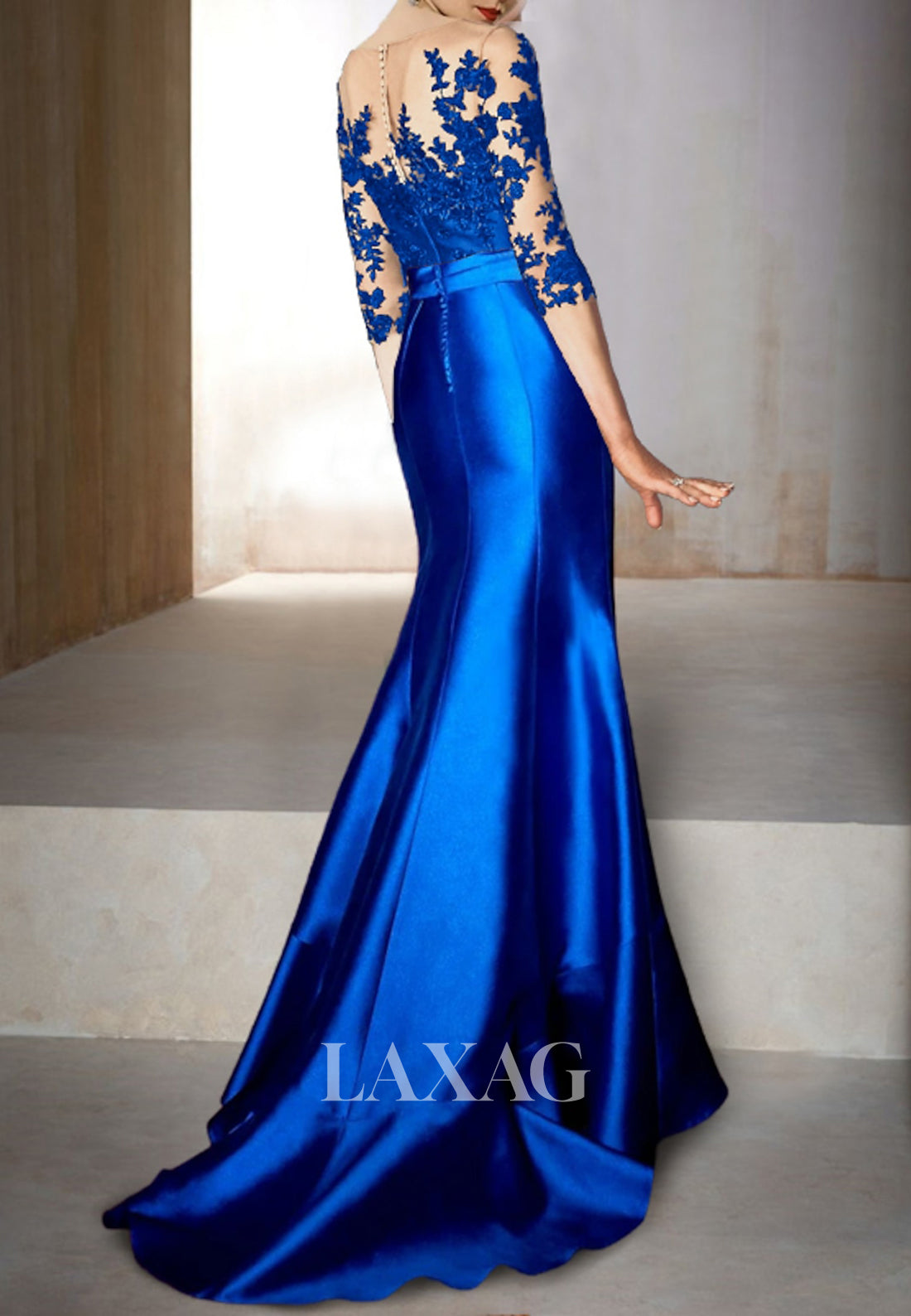 Asymmetrical-Neck Half-Sleeves Sheer Fitted Prom Dress Floral Appliqued Pleated Satin Party Gowns