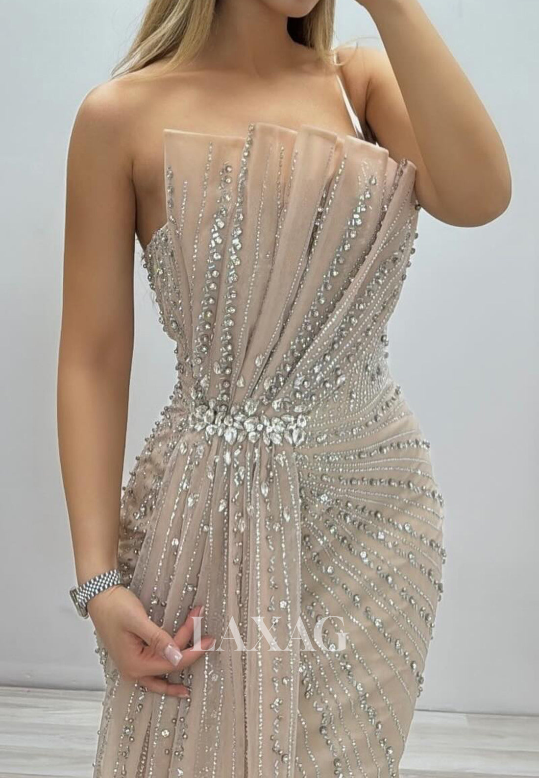 Tube Top Sleeveless Beaded Mermaid Evening Dress Pleated Tulle Formal Gowns with Sweep Train