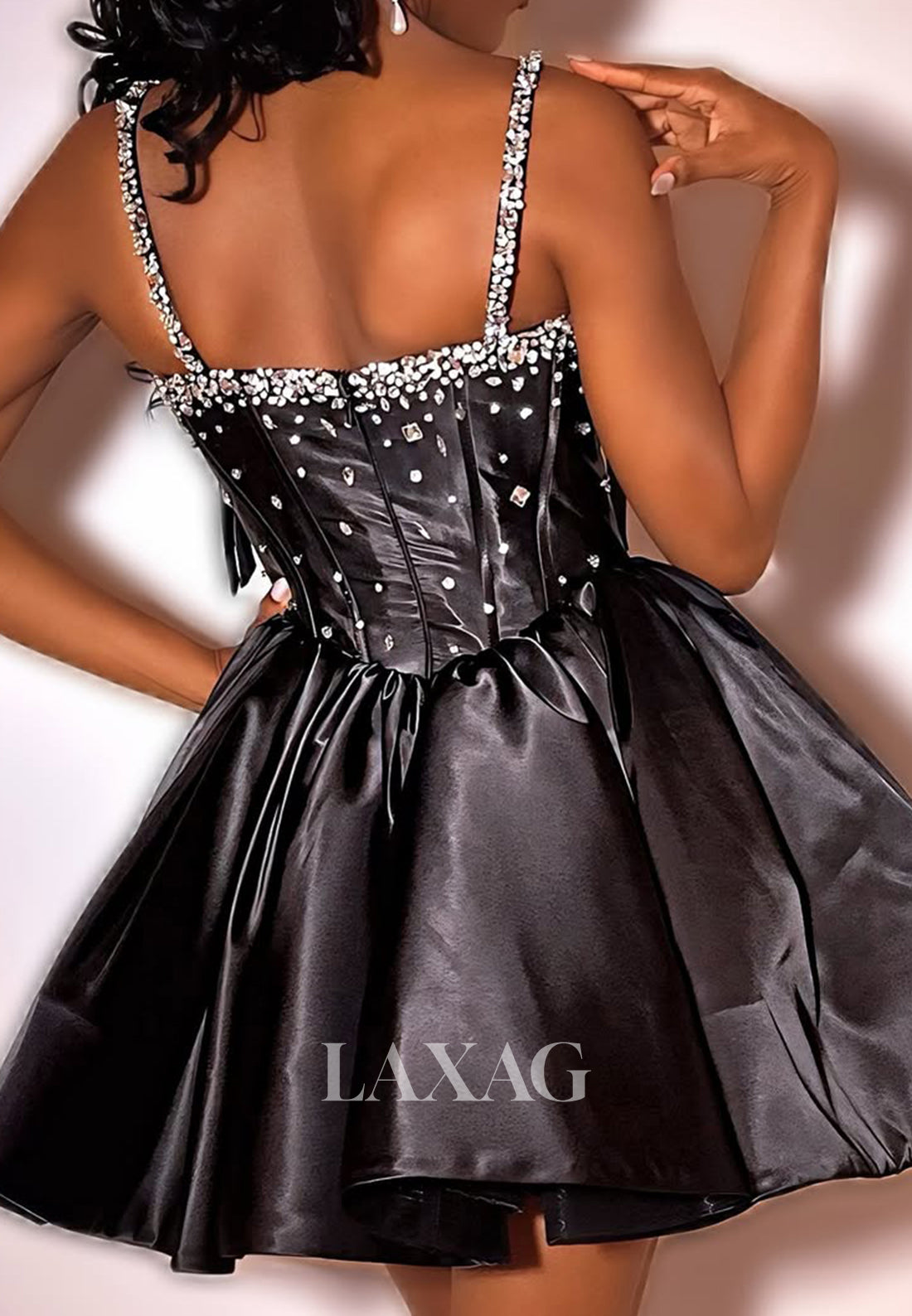 V-Neck Spaghetti Straps Sleeveless Beaded Pleated Satin A-Line Party Homecoming Dress