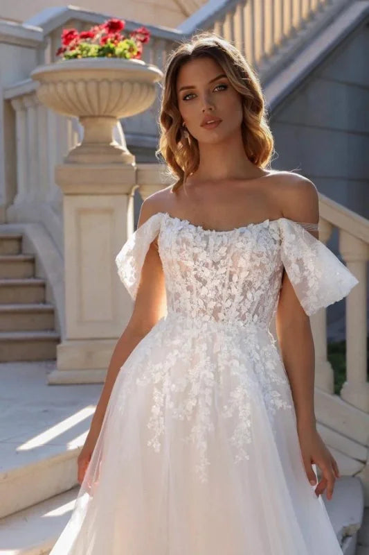 Bateau-Neck Off-Shoulder Sleeveless Applique Tulle Pleated A-Line Wedding Dress