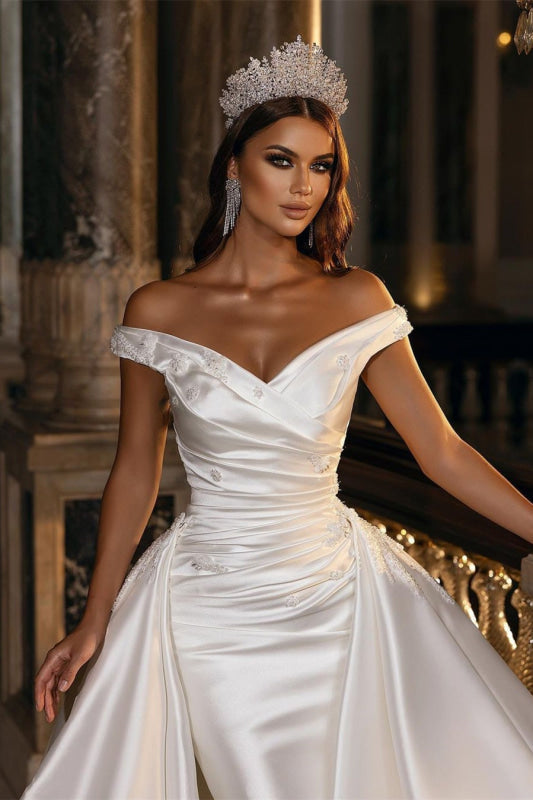 Sweetheart Off-Shoulder Sleeveless Pleated Satin A-Line Wedding Dress
