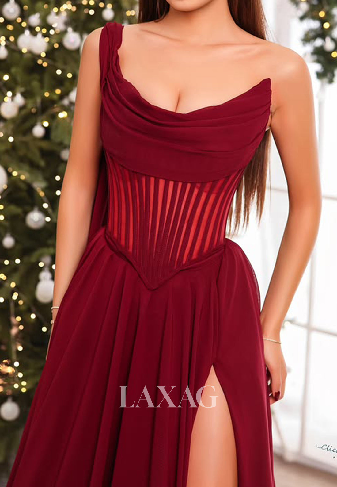 Scoop-Neck One-Strap Sleeveless A-Line Prom Dress Pleated Satin High Slit Sweep Train Evening Gowns