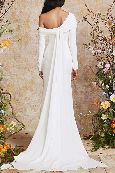 Asymmetrical-Neck Long-Sleeves Floor-Length Satin Pleated Mermaid Wedding Dress