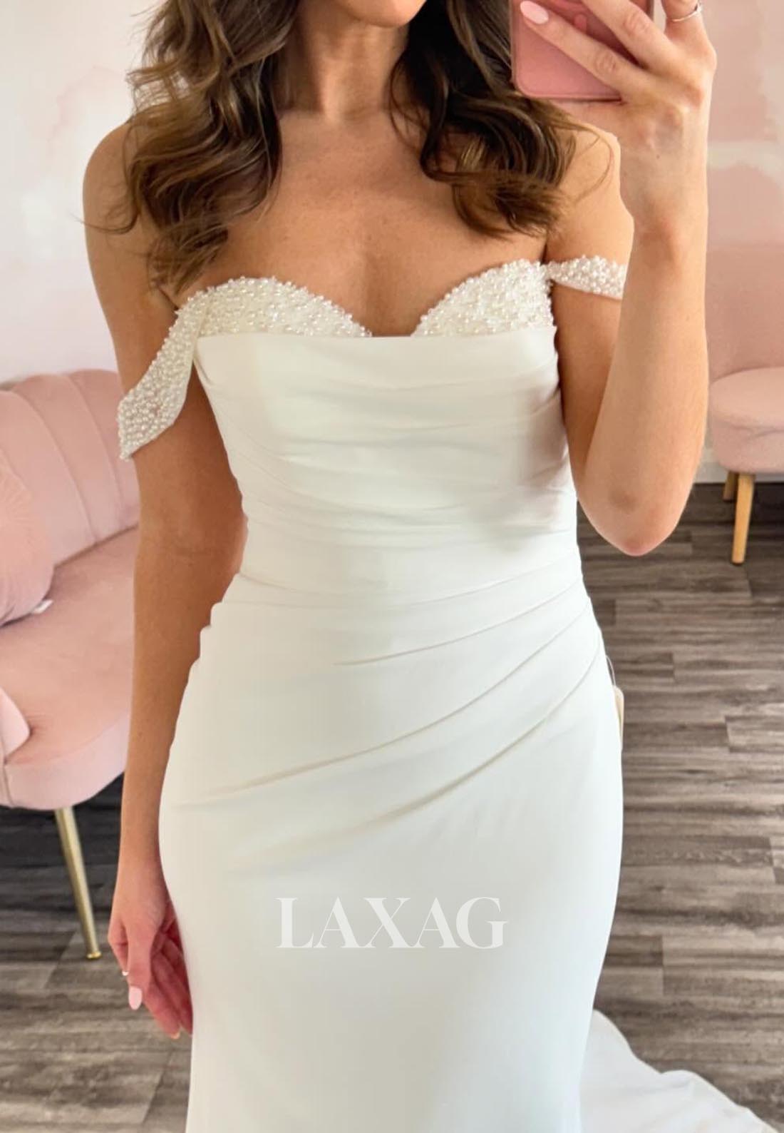 Beaded Sweetheart Off-Shoulder Sleeveless Pleated Satin Mermaid Wedding Dress with Sweep Train