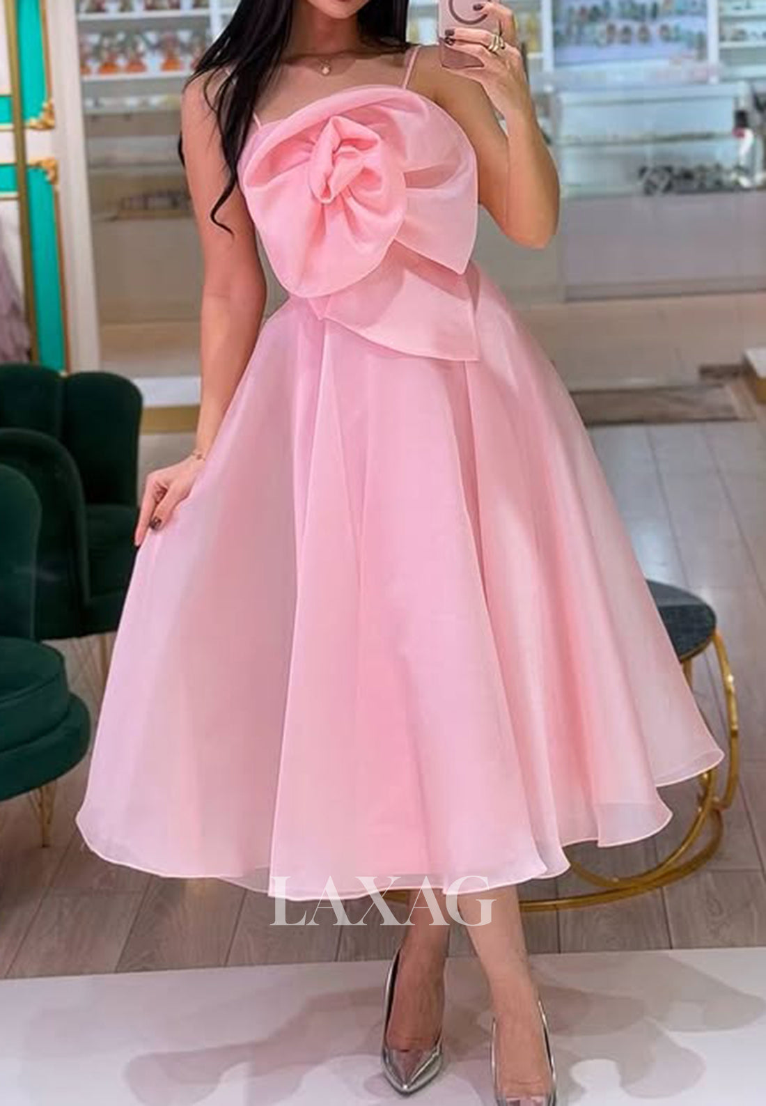 Spaghetti Straps Off-Shoulder Sleeveless A-Line Prom Dress Floral Embellished Pleated Midi Formal Gowns