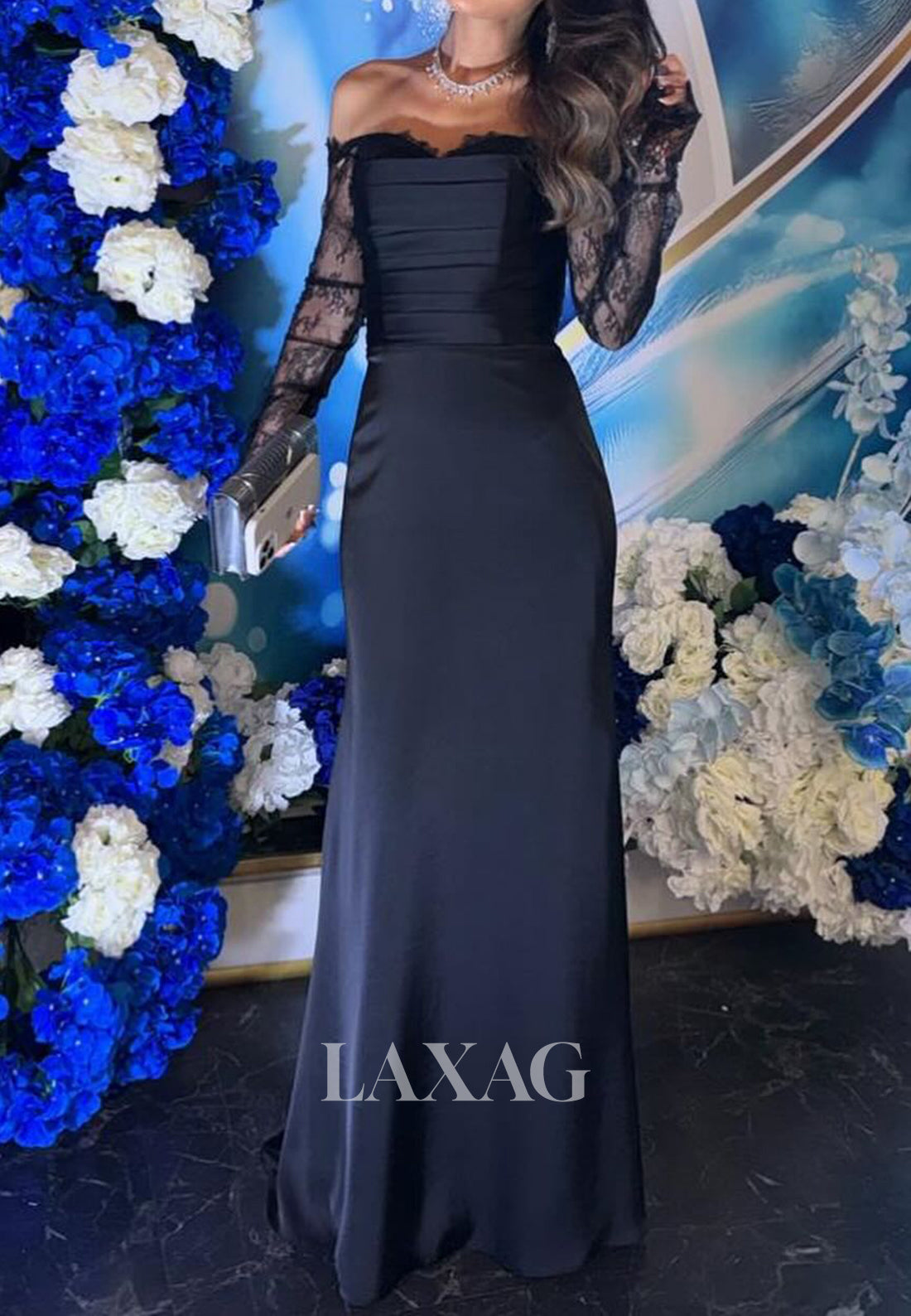 Sweetheart Lace-Long-Sleeves Fitted Prom Dress Off-Shoulder Pleated Sa Laxag Sweetheart Lace-Long-Sleeves Fitted Prom Dress Off-Shoulder Pleated Sa Laxag