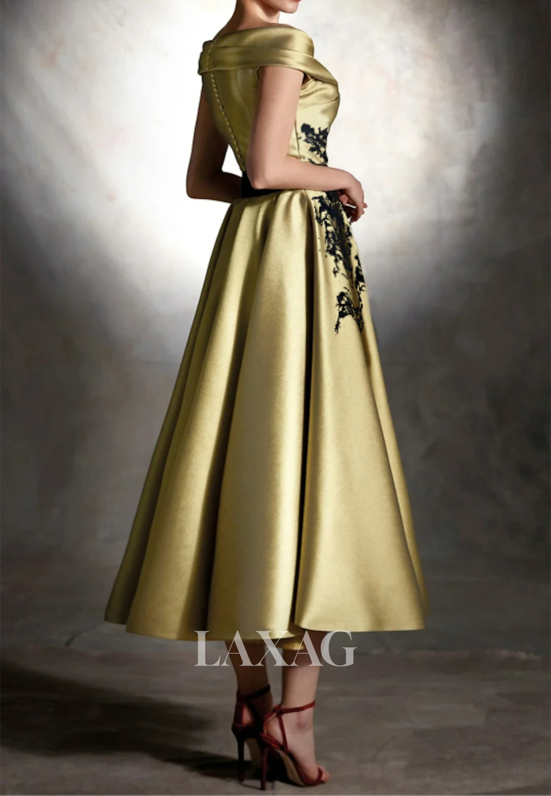 V-Neck Sleeveless Satin Midi Evening Gowns Applique Pleated A-Line Wedding Guest Dress with Belt