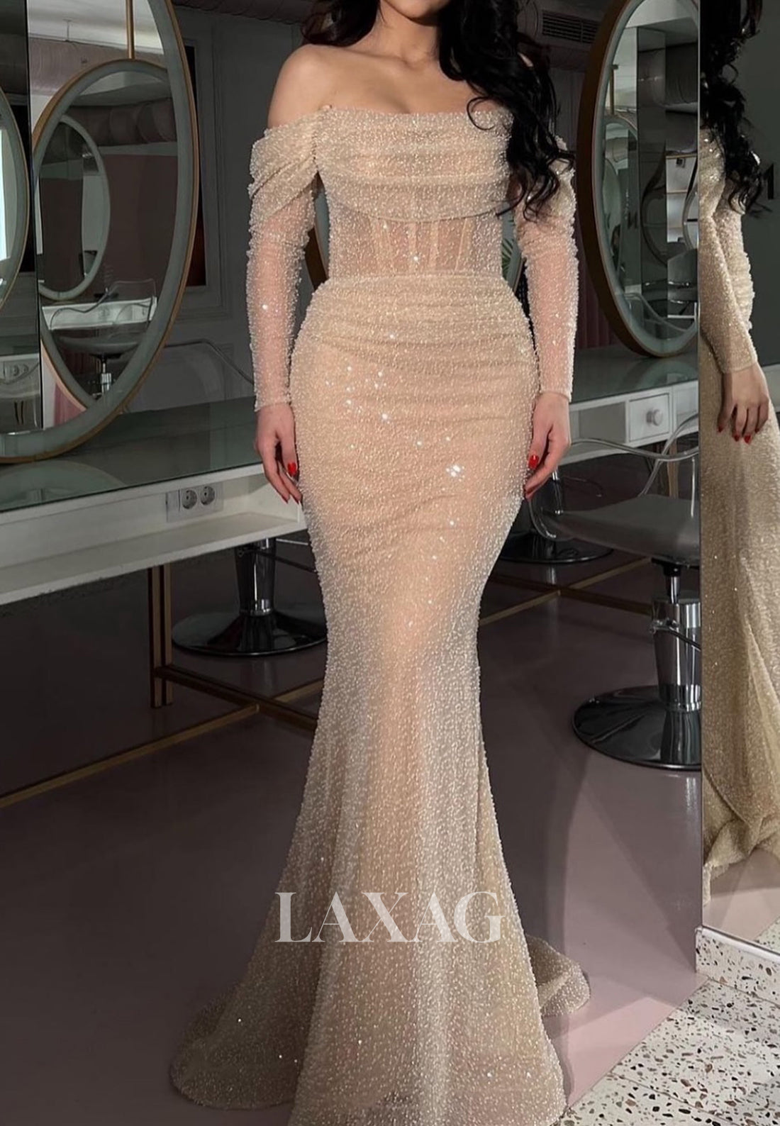 Fully Sequined Beaded Pleated Mermaid Prom Dress Tube Top Off-Shoulder Long Sleeves Evening Gowns