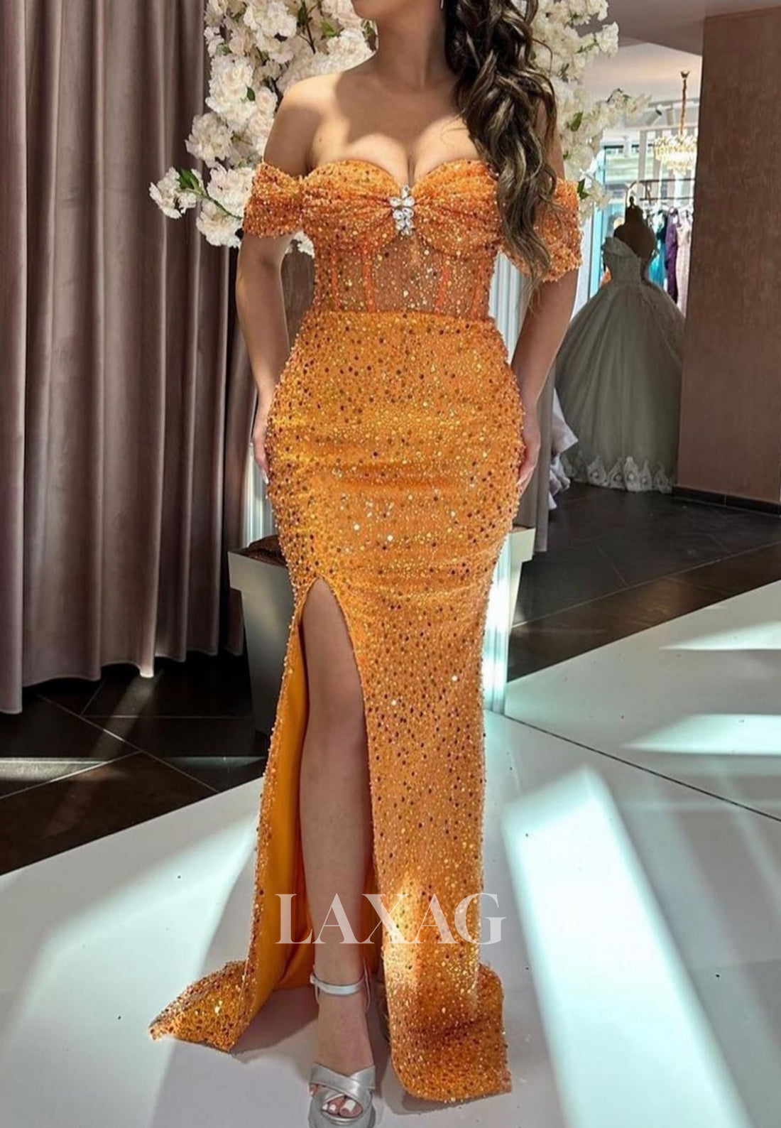 Off-Shoulder Sleeveless Beaded Fully Sequined Evening Gowns Sweetheart Pleated Slit Mermaid Prom Dress