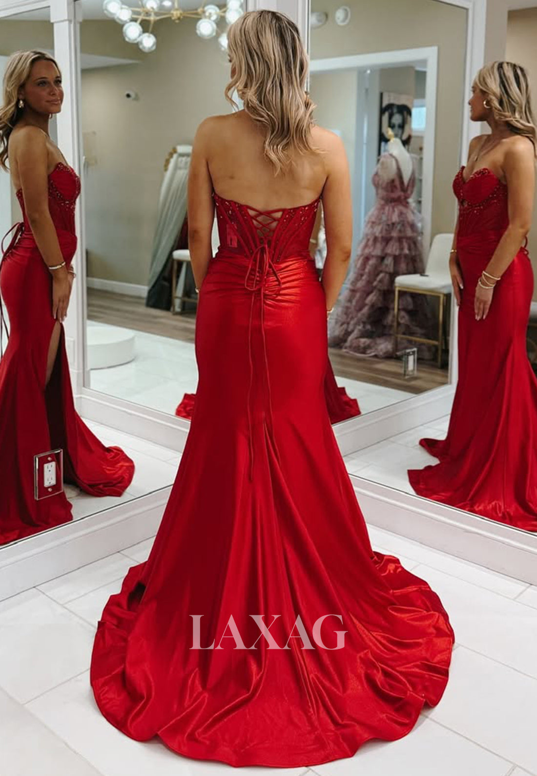 Off-Shoulder Sweetheart Sequined Formal Gowns Sleeveless Pleated Satin Mermaid Prom Dress