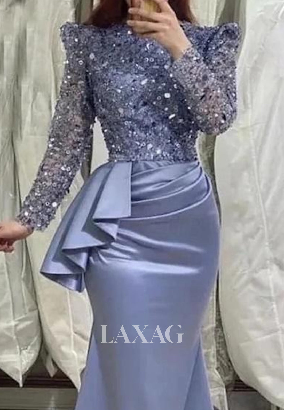 High-Neck Long Sleeves Evening Gowns Beaded Sequined Pleated Mermaid Prom Dress with Sweep Train