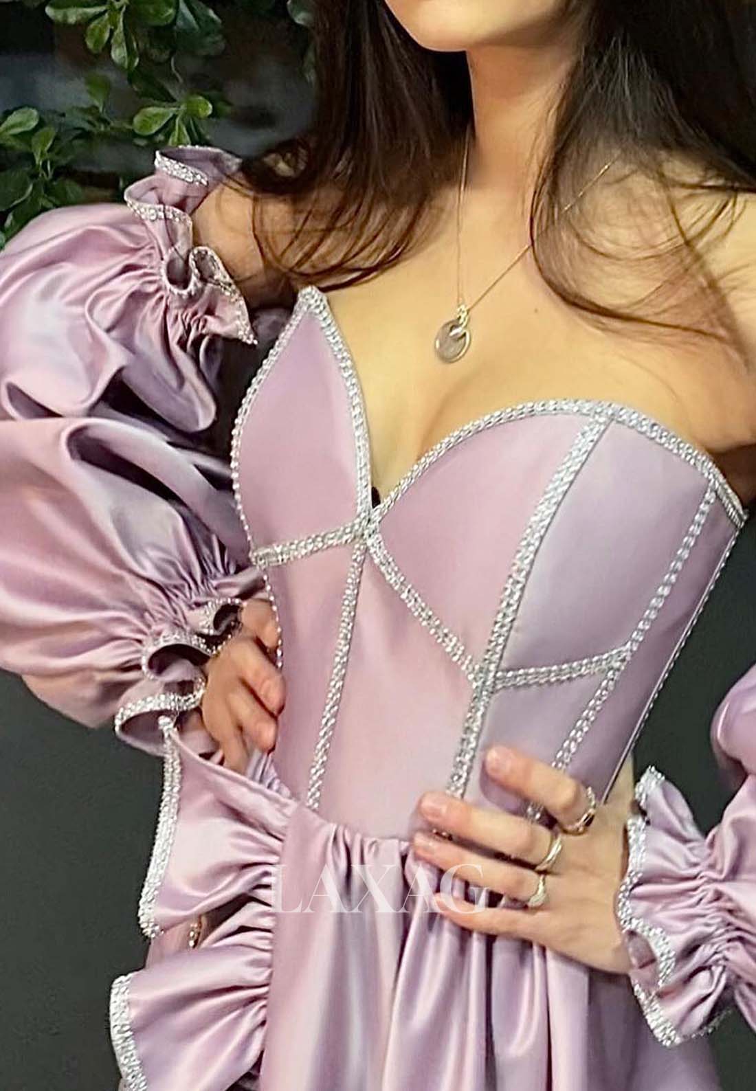 Sweetheart Long-Puff-Sleeves A-Line Prom Dress Off-Shoulder Beaded Pleated Ruffled Satin Party Gowns