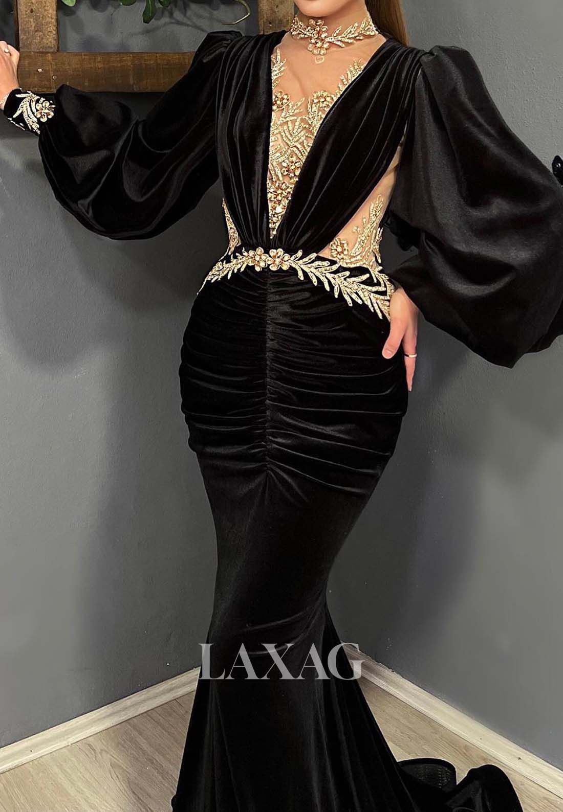 Deep V-Neck Long-Puff-Sleeves Satin Formal Gowns Beaded Pleated Cutout Mermaid Evening Dress