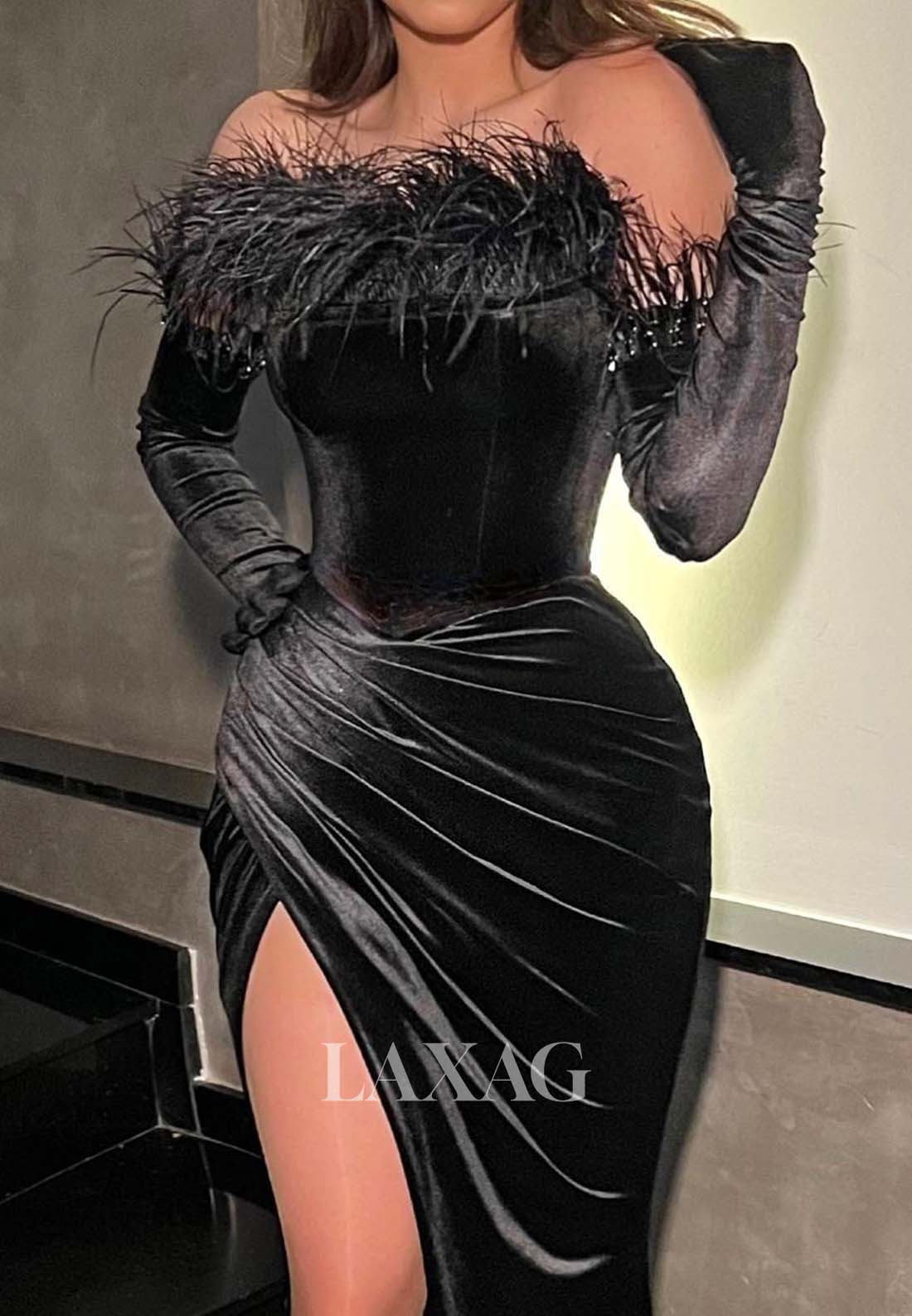 Feathered Tube Top Off-Shoulder Formal Gowns Pleated Satin High Slit Mermaid Evening Dress with Gloves