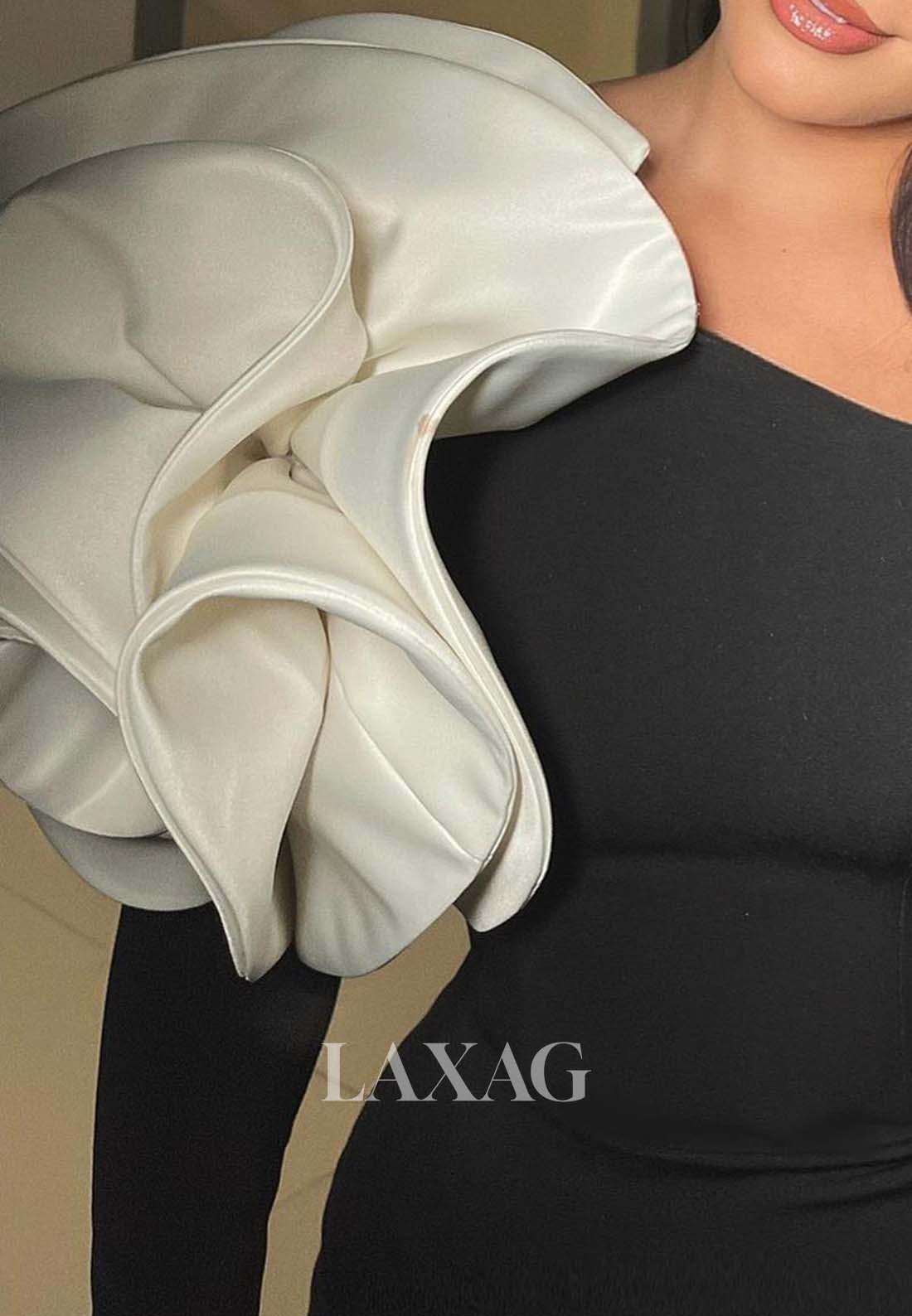 فستان سهرة حورية البحر بأكمام طويلة وحواف زهور كبيرة، فساتين رسمية برقبة غير متماثلة