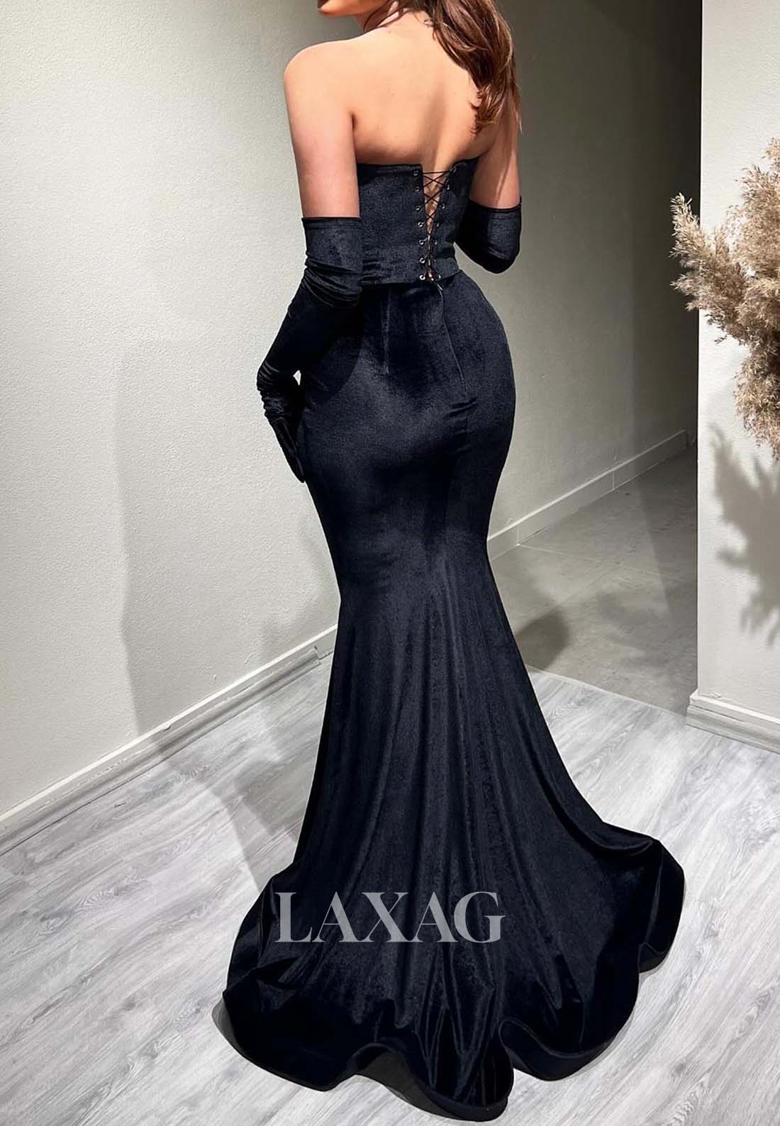 Asymmetrical-Neck Off-Shoulder Mermaid Evening Dress Beaded Pleated Satin Formal Gowns with Gloves
