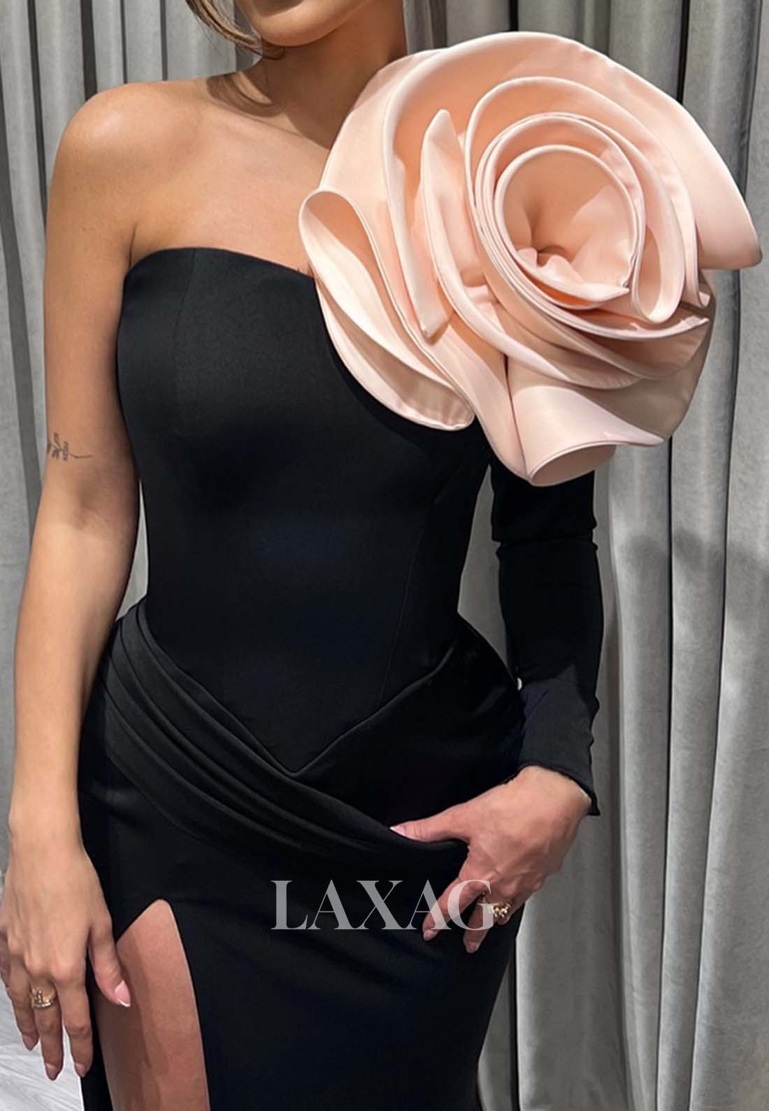 Tube Top Sleeveless Formal Gowns Big Floral Embellished Mermaid Evening Gowns with High Slit