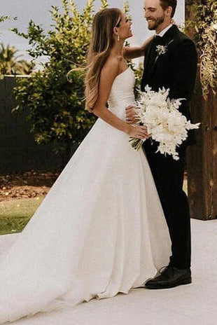 Tube Top Off-Shoulder Sleeveless Chiffon Pleated A-Line Wedding Dress with Slit