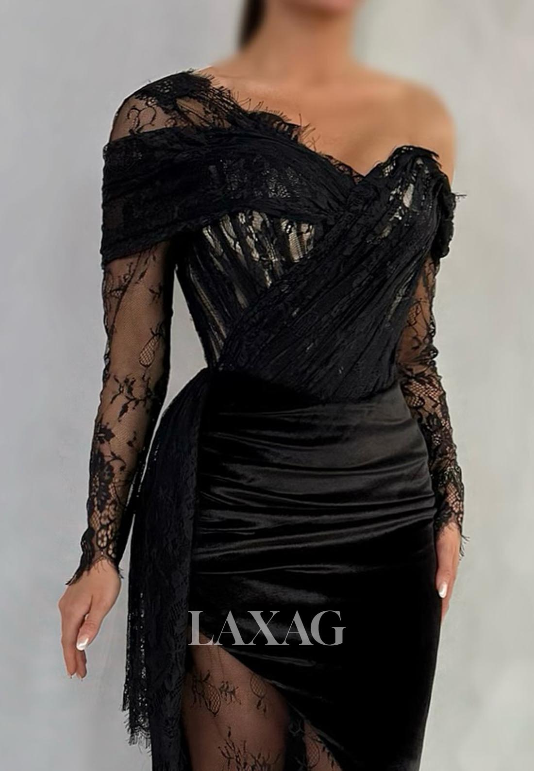 V-Neck Long-Sleeves Mermaid Evening Dress Allover Lace Pleated Floor-Length Formal Gowns with Slit