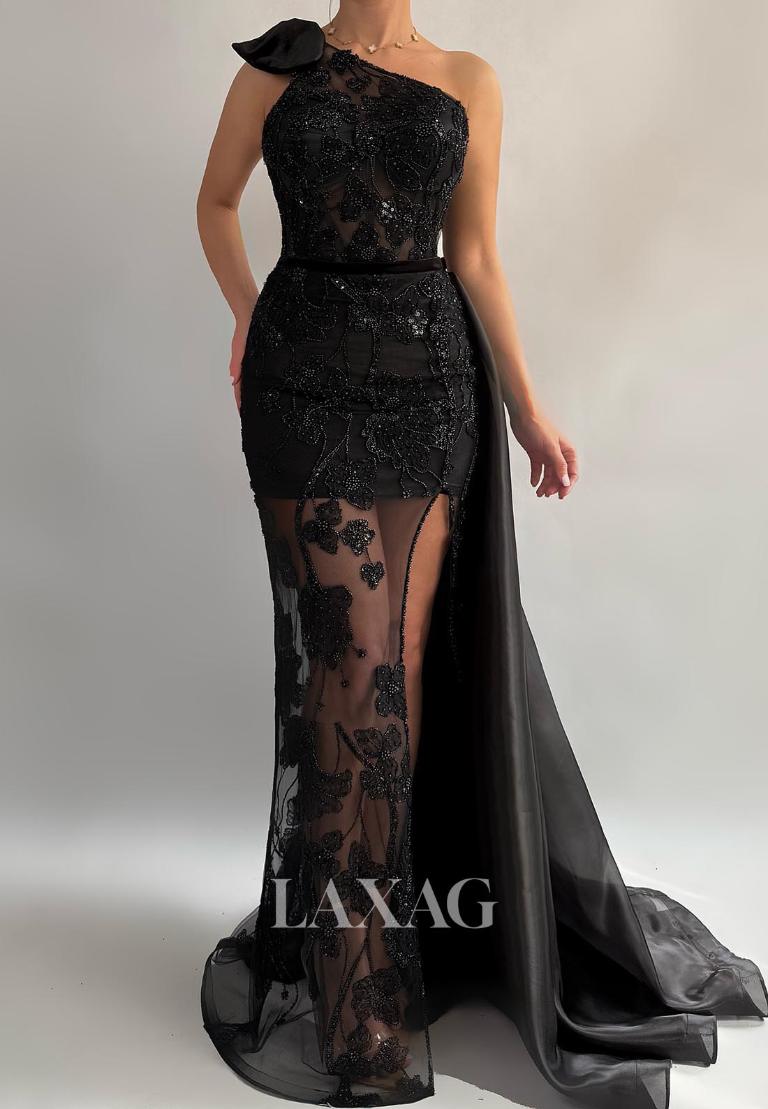 Asymmetrical-Neck Sleeveless High Slit Mermaid Evening Dress Beaded Pl Laxag Asymmetrical-Neck Sleeveless High Slit Mermaid Evening Dress Beaded Pl Laxag