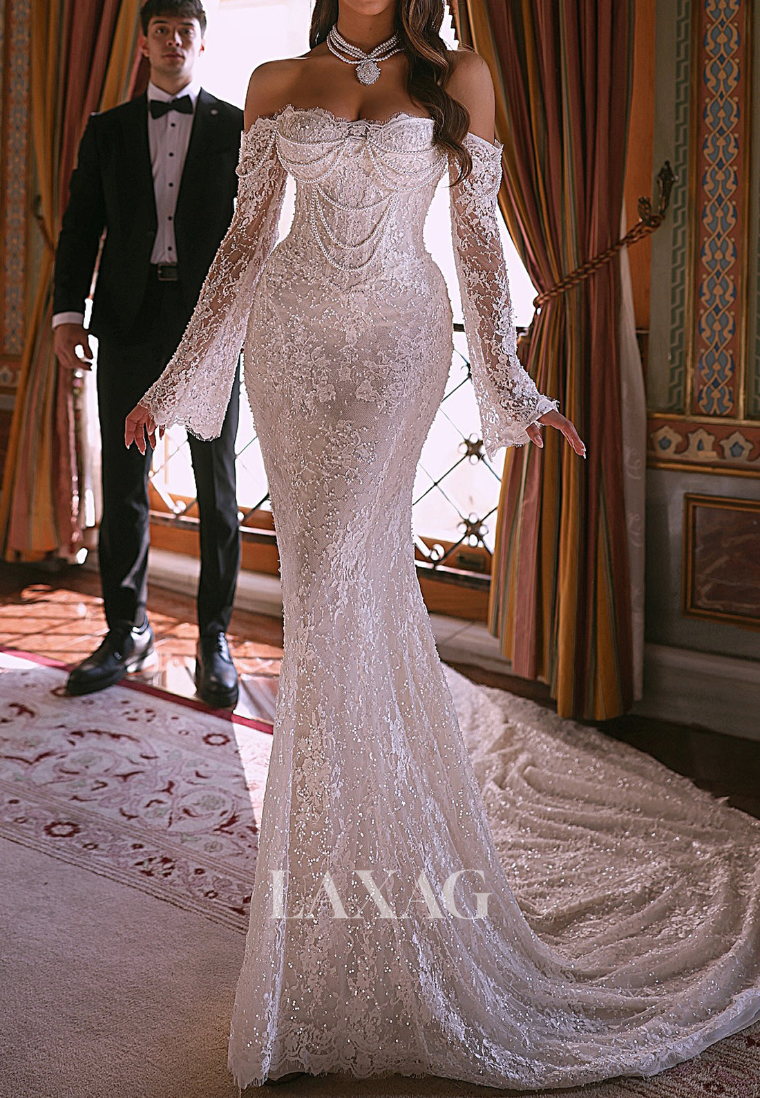 allover lace dresses Allover Lace A-line Bridal Slit Gown by Adrianna Papell 31297
