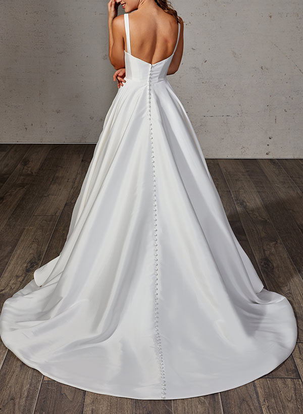Sweetheart Straps Sleeveless Pleated Satin Floor-Length A-Line Wedding Dress
